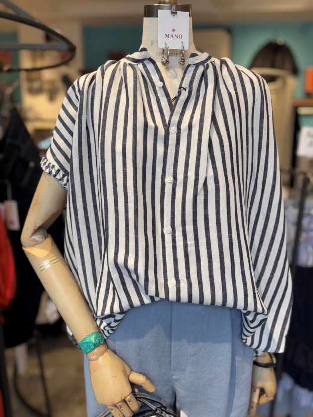 MANON ネイビーとホワイトストライプシャツ MANON】マノン ストライプシャツ MANON FRILL SLEEVE LINEN MIX