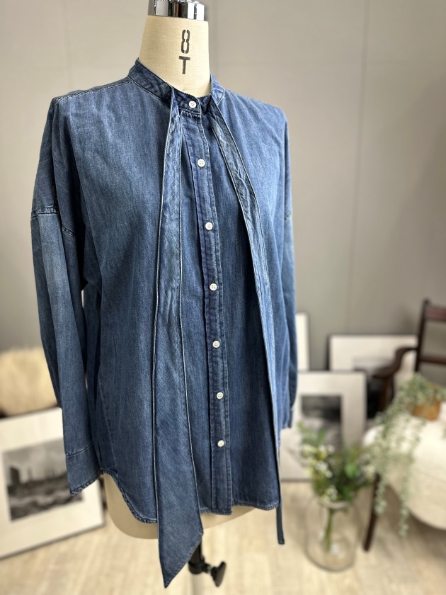 【美品】passione デニムボウタイブラウス パシオーネ デニムシャツ 再入荷】PASSIONE パシオーネ ボウタイ付きデニムシャツ 536912